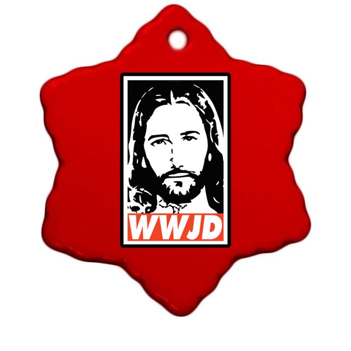 WWJD What Would Jesus Do Poster Design Ceramic Star Ornament