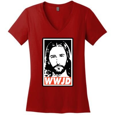 WWJD What Would Jesus Do Poster Design Women's V-Neck T-Shirt