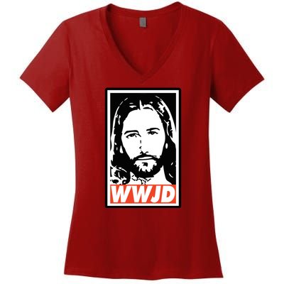 WWJD What Would Jesus Do Poster Design Women's V-Neck T-Shirt