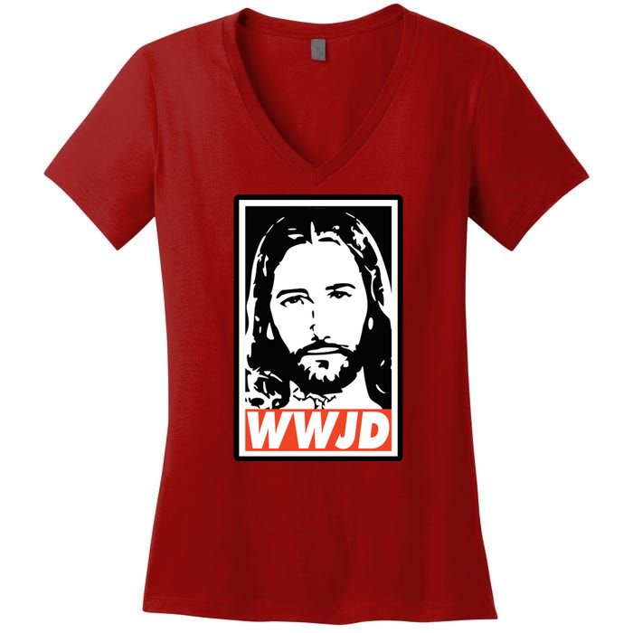 WWJD What Would Jesus Do Poster Design Women's V-Neck T-Shirt