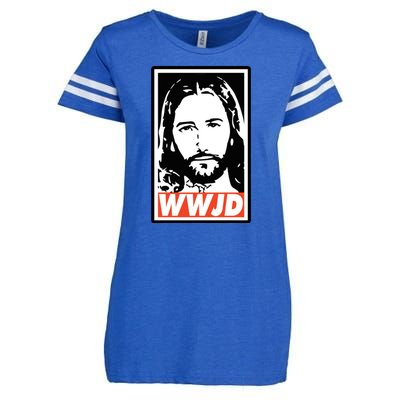 WWJD What Would Jesus Do Poster Design Enza Ladies Jersey Football T-Shirt