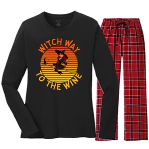 Womens Witch Way To The Wine Funny Wine Halloween Witch Wine Women's Long Sleeve Flannel Pajama Set 