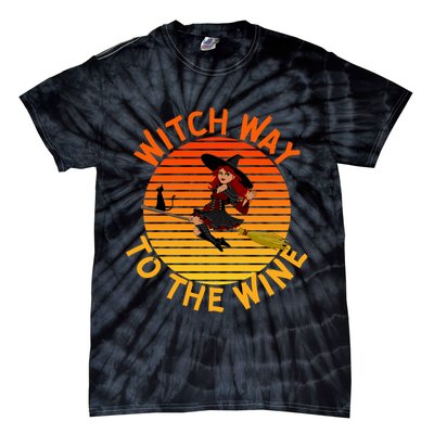 Womens Witch Way To The Wine Funny Wine Halloween Witch Wine Tie-Dye T-Shirt