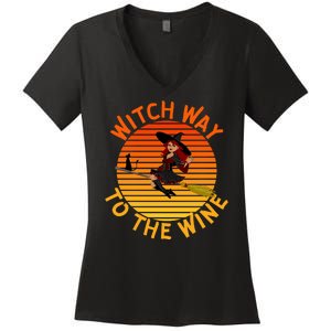 Womens Witch Way To The Wine Funny Wine Halloween Witch Wine Women's V-Neck T-Shirt