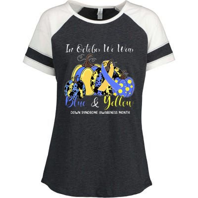 We Wear Yellow And Blue Pumpkins For Down Syndrome Awareness Enza Ladies Jersey Colorblock Tee