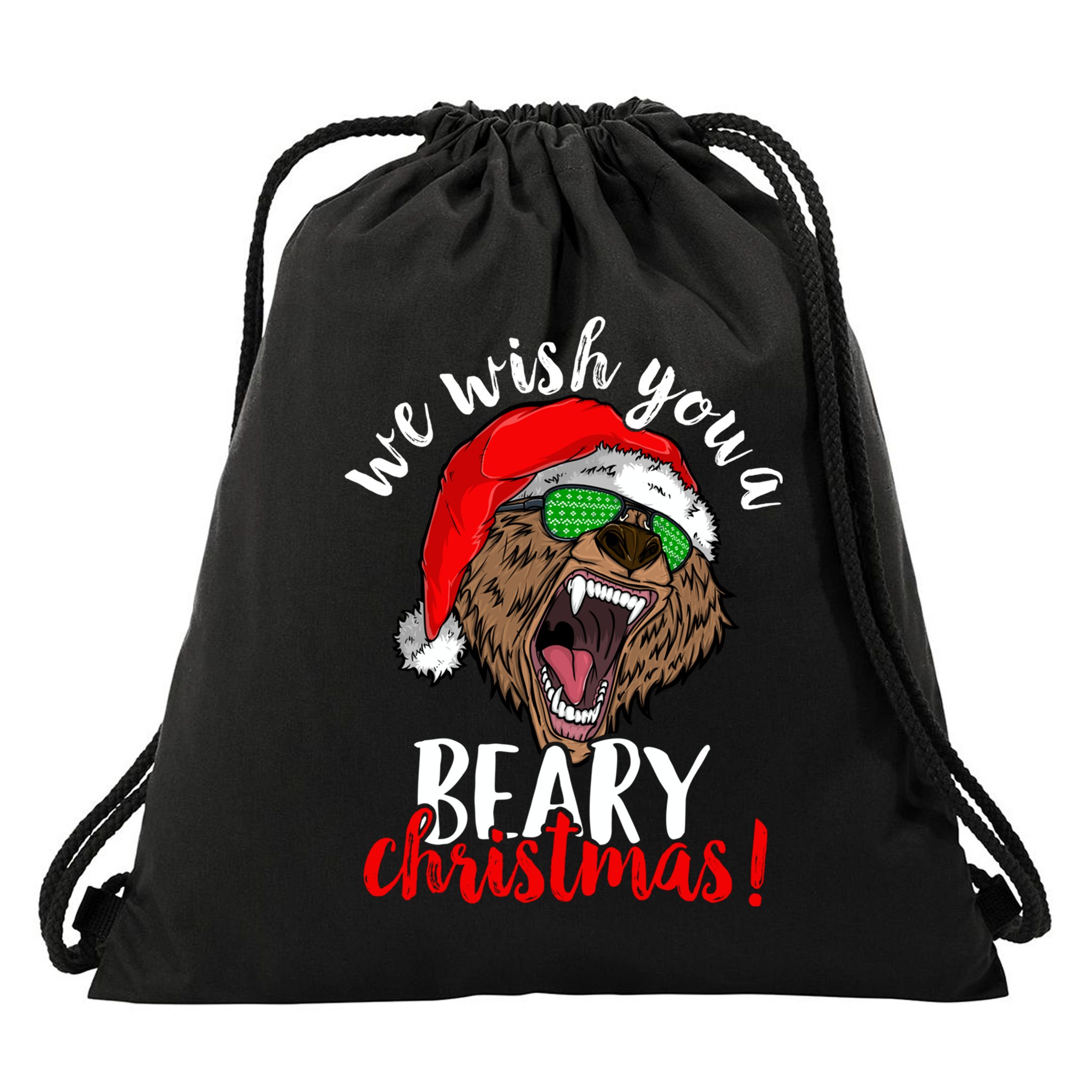 We Wish You A Beary Christmas Santa Bear Drawstring Bag