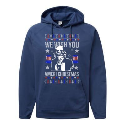 We Wish You Ameri Christmas Funny America Usa Ugly Christmas Performance Fleece Hoodie