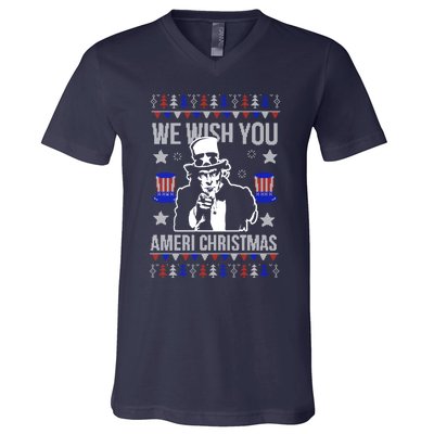 We Wish You Ameri Christmas Funny America Usa Ugly Christmas V-Neck T-Shirt