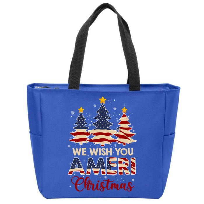 We Wish You Ameri Christmas American Flag Xmas Tree Great Gift Zip Tote Bag