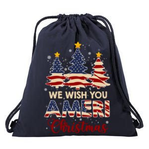 We Wish You Ameri Christmas American Flag Xmas Tree Great Gift Drawstring Bag