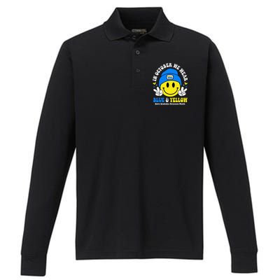 We Wear Yellow Blue Smile Face For Down Syndrome Awareness Performance Long Sleeve Polo