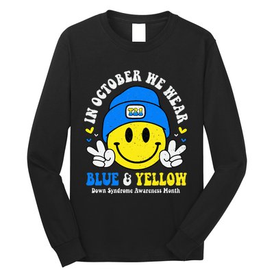 We Wear Yellow Blue Smile Face For Down Syndrome Awareness Long Sleeve Shirt