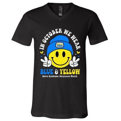 We Wear Yellow Blue Smile Face For Down Syndrome Awareness V-Neck T-Shirt