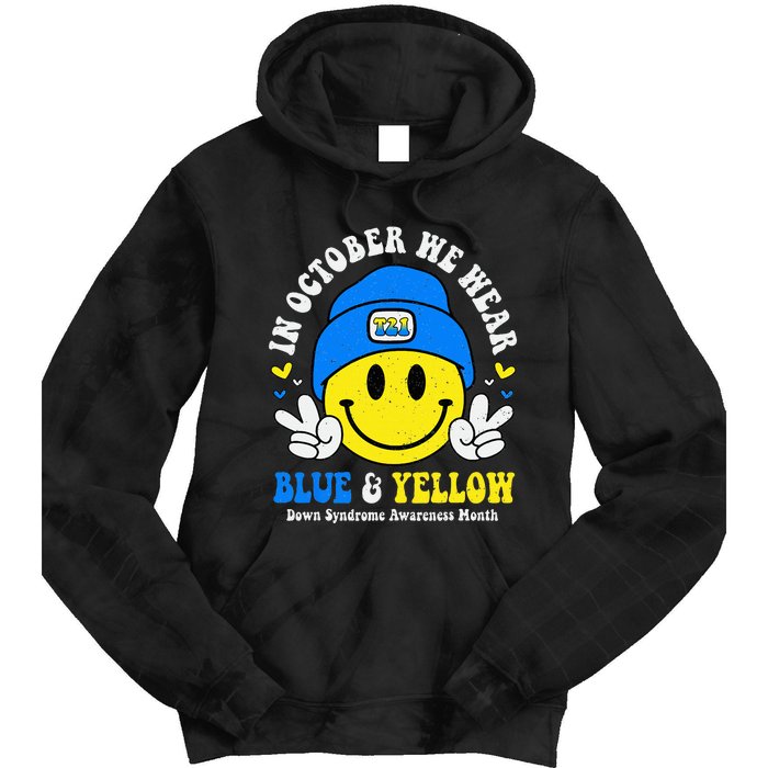 We Wear Yellow Blue Smile Face For Down Syndrome Awareness Tie Dye Hoodie