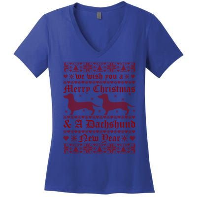 We Wish You A Merry Christmas Dachshund Ugly Sweater Pajama Gift Women's V-Neck T-Shirt