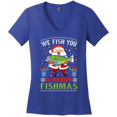 We Wish You A Merry Fishmas Funny Christmas Santa Fishing Cool Gift Women's V-Neck T-Shirt