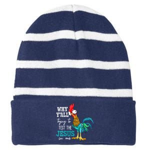 Women Why Y'all Trying To Test The Jesus In Me Funny Chicken Striped Beanie with Solid Band