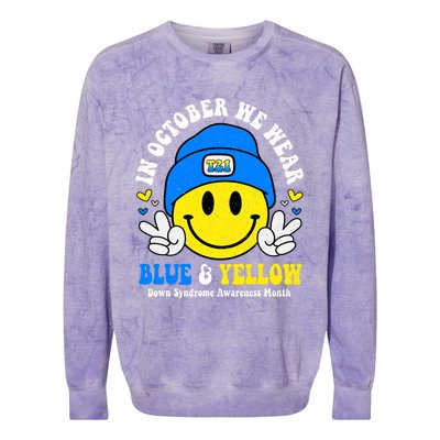 We Wear Yellow Blue Smile Face For Down Syndrome Awareness Colorblast Crewneck Sweatshirt