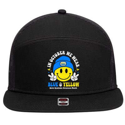 We Wear Yellow Blue Smile Face For Down Syndrome Awareness 7 Panel Mesh Trucker Snapback Hat