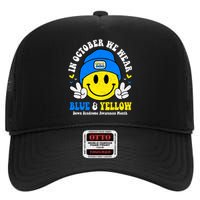 We Wear Yellow Blue Smile Face For Down Syndrome Awareness High Crown Mesh Back Trucker Hat