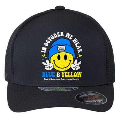 We Wear Yellow Blue Smile Face For Down Syndrome Awareness Flexfit Unipanel Trucker Cap