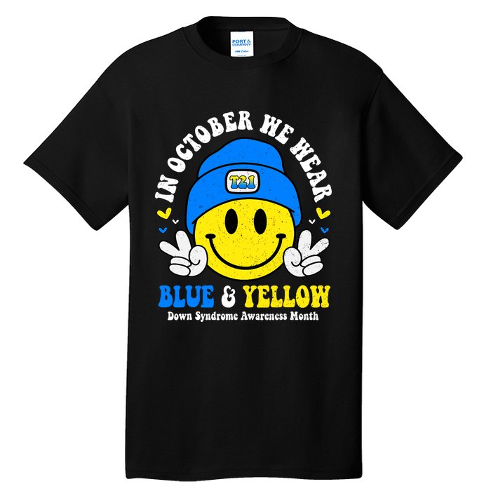 We Wear Yellow Blue Smile Face For Down Syndrome Awareness Tall T-Shirt