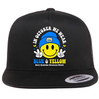 We Wear Yellow Blue Smile Face For Down Syndrome Awareness Flat Bill Trucker Hat