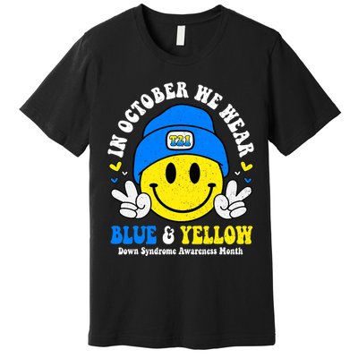 We Wear Yellow Blue Smile Face For Down Syndrome Awareness Premium T-Shirt