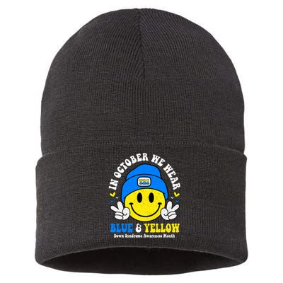 We Wear Yellow Blue Smile Face For Down Syndrome Awareness Sustainable Knit Beanie