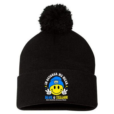 We Wear Yellow Blue Smile Face For Down Syndrome Awareness Pom Pom 12in Knit Beanie