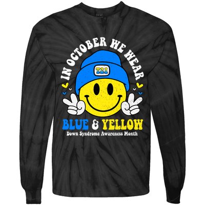 We Wear Yellow Blue Smile Face For Down Syndrome Awareness Tie-Dye Long Sleeve Shirt