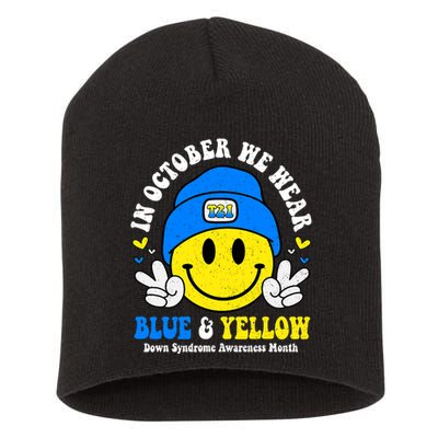 We Wear Yellow Blue Smile Face For Down Syndrome Awareness Short Acrylic Beanie