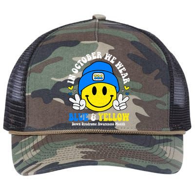 We Wear Yellow Blue Smile Face For Down Syndrome Awareness Retro Rope Trucker Hat Cap