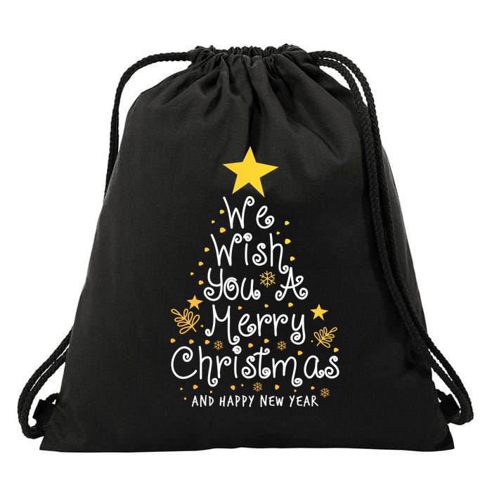 We Wish You A Merry Christmas And Happy New Year Star Tree Drawstring Bag