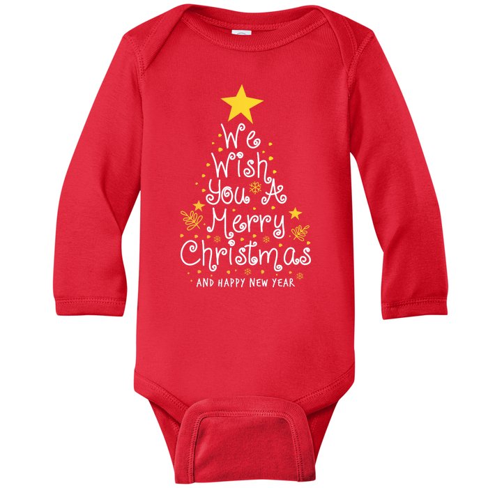 We Wish You A Merry Christmas And Happy New Year Star Tree Baby Long Sleeve Bodysuit