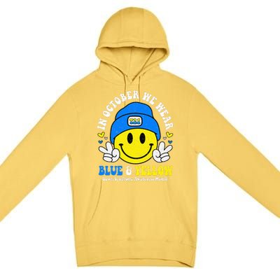 We Wear Yellow Blue Smile Face For Down Syndrome Awareness Premium Pullover Hoodie