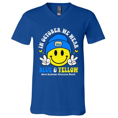 We Wear Yellow Blue Smile Face For Down Syndrome Awareness V-Neck T-Shirt