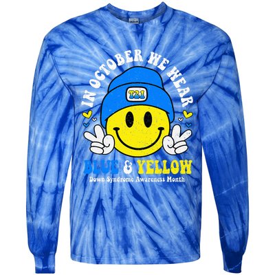 We Wear Yellow Blue Smile Face For Down Syndrome Awareness Tie-Dye Long Sleeve Shirt