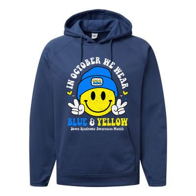 We Wear Yellow Blue Smile Face For Down Syndrome Awareness Performance Fleece Hoodie