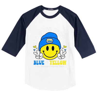 We Wear Yellow Blue Smile Face For Down Syndrome Awareness Baseball Sleeve Shirt