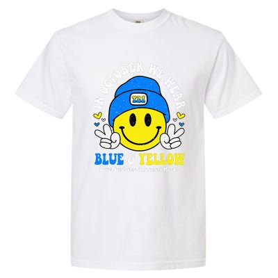 We Wear Yellow Blue Smile Face For Down Syndrome Awareness Garment-Dyed Heavyweight T-Shirt