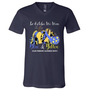 We Wear Yellow And Blue Pumpkins For Down Syndrome Awareness V-Neck T-Shirt