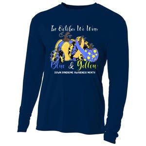 We Wear Yellow And Blue Pumpkins For Down Syndrome Awareness Cooling Performance Long Sleeve Crew