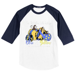 We Wear Yellow And Blue Pumpkins For Down Syndrome Awareness Baseball Sleeve Shirt