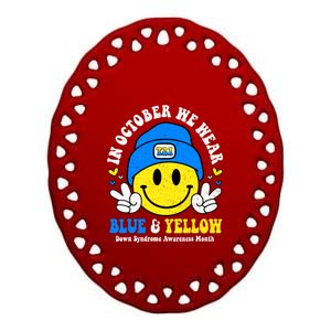 We Wear Yellow Blue Smile Face For Down Syndrome Awareness Ceramic Oval Ornament