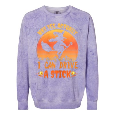 Womens Why Yes Actually I Can Drive A Stick Halloween Witch Spooky Colorblast Crewneck Sweatshirt