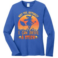 Womens Why Yes Actually I Can Drive A Stick Halloween Witch Spooky Ladies Long Sleeve Shirt