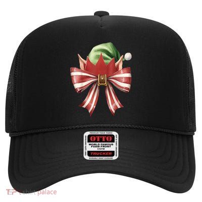 Women Xmas Cute Elf Coquette Bow Christmas Vibes Girly Gift High Crown Mesh Back Trucker Hat