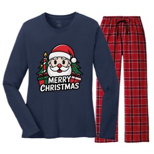 Winter Xmas Snowman Santa Claus Reindeer Merry Christmas Women's Long Sleeve Flannel Pajama Set 