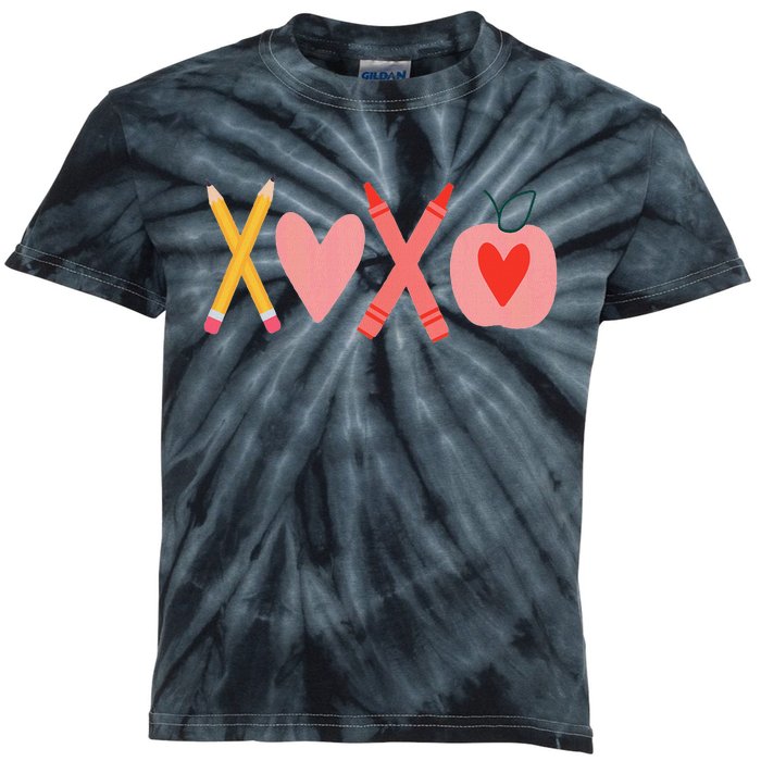 Women Xoxo Teacher ValentineS Day Pencil And Apple Kids Tie-Dye T-Shirt